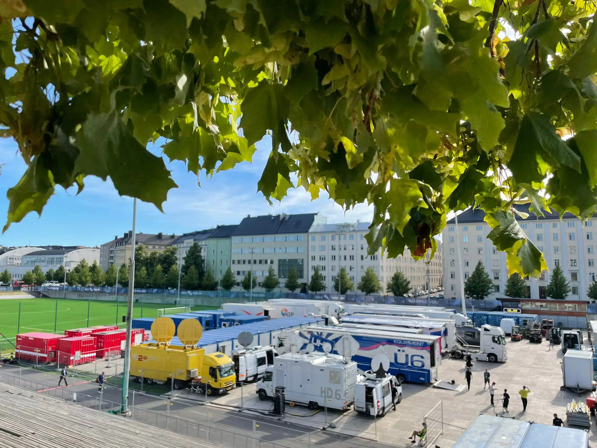 OB trucks and satellite uplinks in the production compound at a UEFA match in Helsinki